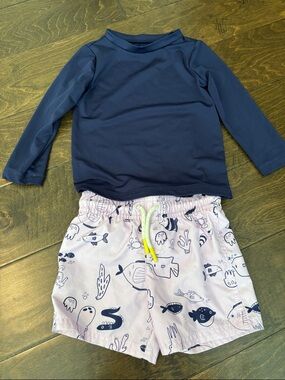 Cat & Jack Navy Rash Guard with Light Lavender Swim Briefs